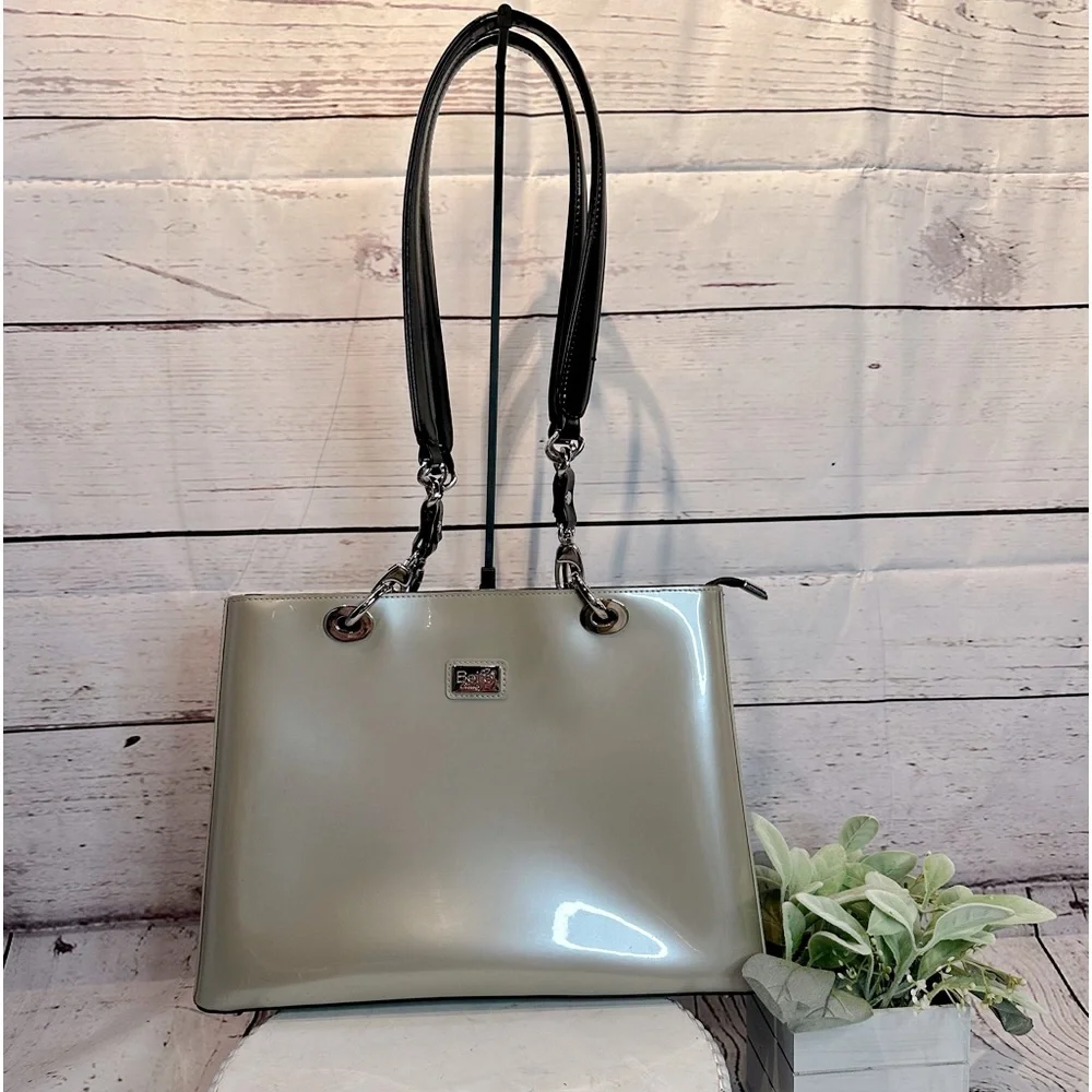 Biejo Classic Elegant Metallic Taupe and Black Shoulder Tote Bag - Picture 1 of 14